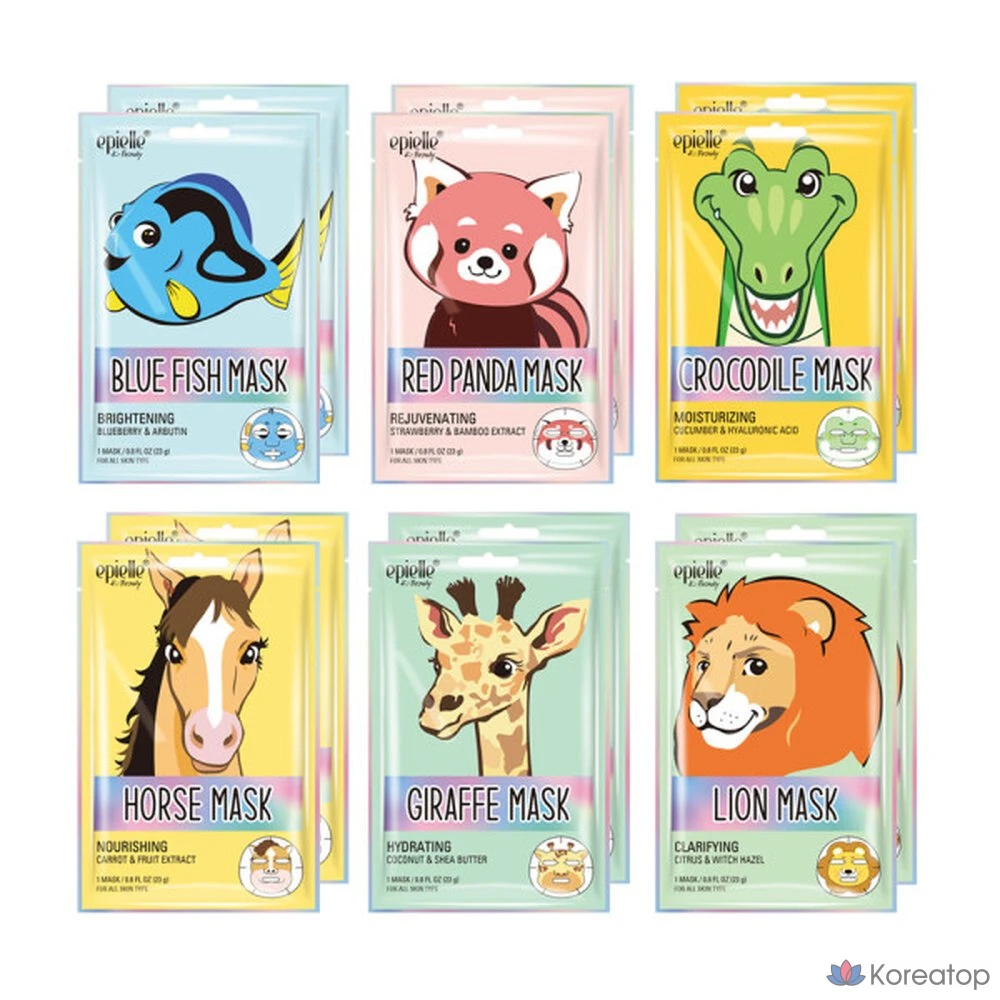 Набор масок Epielle 2023 с изображениями животных (12 штук): красная панда, синяя рыба, лев, жираф, лошадь, крокодил.
