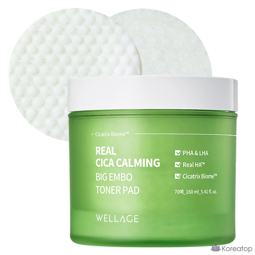 Тонизирующие подушечки WELLAGE Real Cica Calming Big Embo, 160 мл, 70 листов, 1 упаковка.