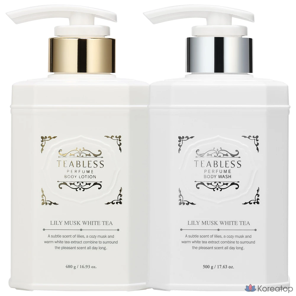 Набор TEABLESS: лосьон для тела с ароматом белого чая и мускуса 480 г + гель для душа 500 г.