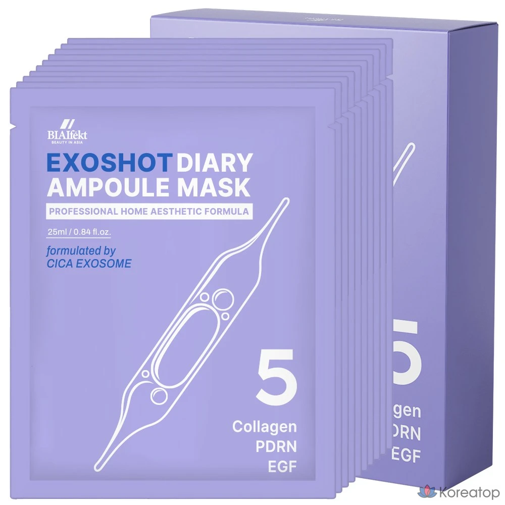 Тканевая маска для лица BIA EFFECT Exo Shot Diary Ampoule Mask, оттенок 5 Collagen PDRN EGF, 25 мл, 10 шт.