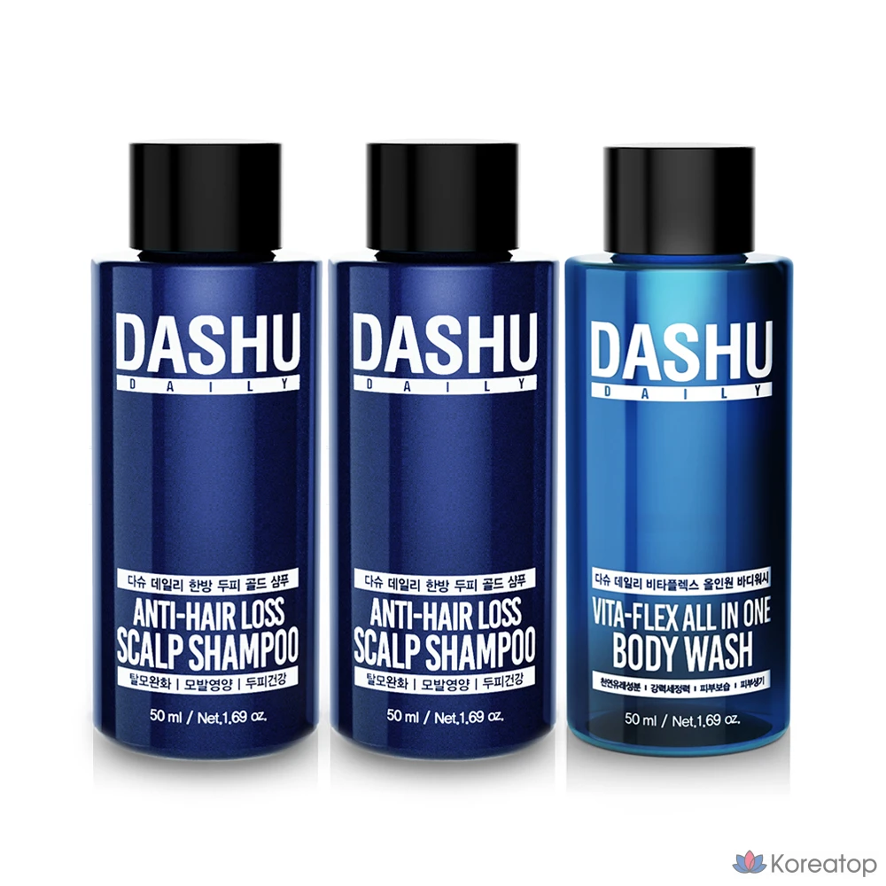 Шампунь DASHU Daily Oriental Scalp Gold Shampoo EX 50 мл (2 шт.) + Гель для душа DASHU Daily Vitaplex All-in-One Body Wash 50 мл (1 шт.), 1 комплект.