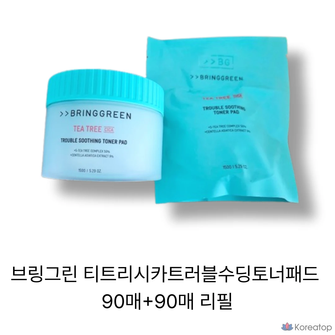 Тонизирующие подушечки Bring Green Tea Tree Cica Trouble, 90 листов + 90 сменных листов, 180 листов, 1 упаковка