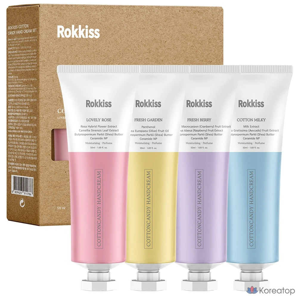 Крем для рук Rokkiss Cotton Candy: Lovely Rose 50 г + Fresh Garden 50 г + Fresh Berry 50 г + Cotton Milky 50 г, 1 упаковка