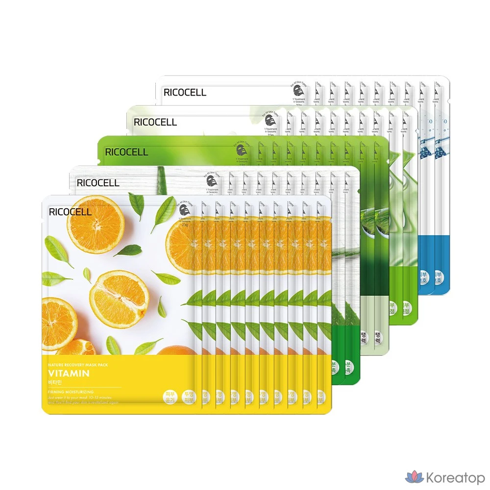 Набор увлажняющих масок-эссенций Ricocell (алоэ вера, коллаген, экстракт слизи улитки, витамины, зеленый чай, 10 пенсов, 1 шт.)