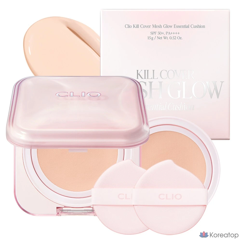 Кушон Clio Kill Cover Mesh Glow Essential Cushion Set (основной блок + сменный блок + 2 спонжа), оттенок 19C Light, 1 шт.