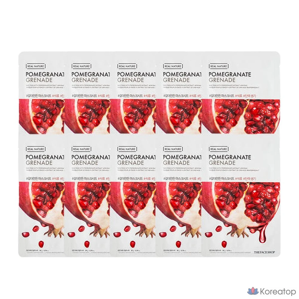 Тканевая маска для лица The Face Shop с молотым гранатом, 20 г, упаковка из 10 штук.