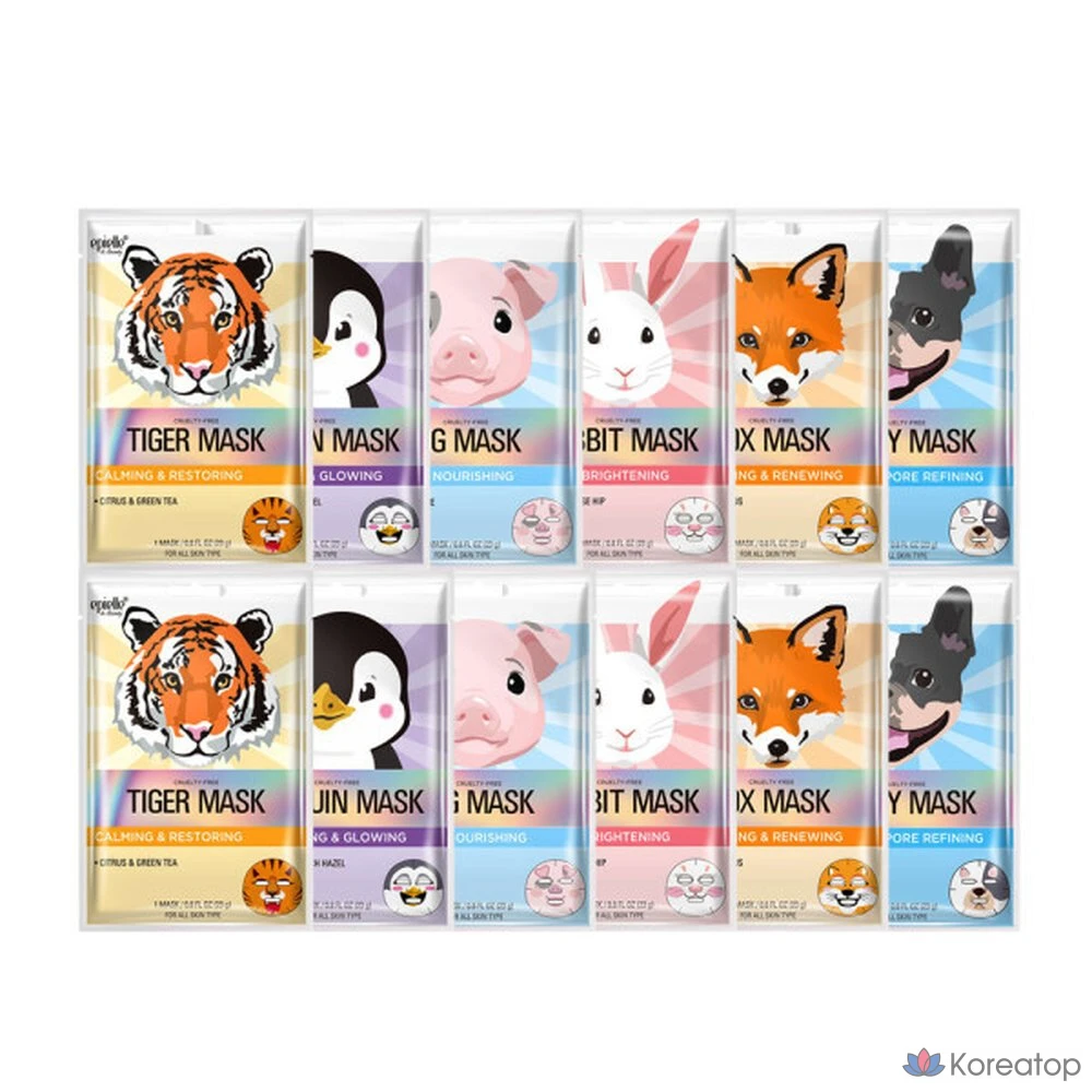 Тканевая маска для лица Epielle New Animal Character Mask Pack Mixed Set (Puppy, Fox, Tiger, Rabbit, Penguin, Pig), 12 шт.