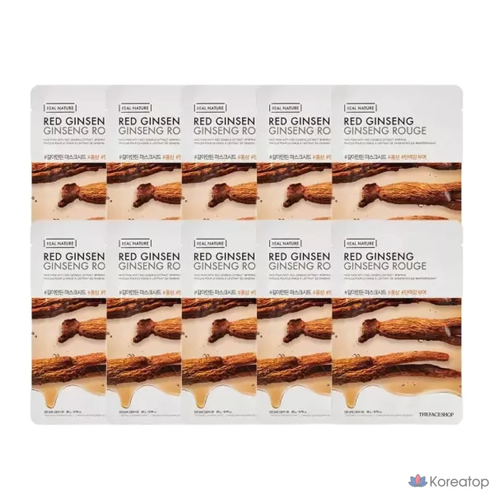 Тканевая маска для лица The Face Shop с молотым красным женьшенем, 20 г, упаковка из 10 штук.
