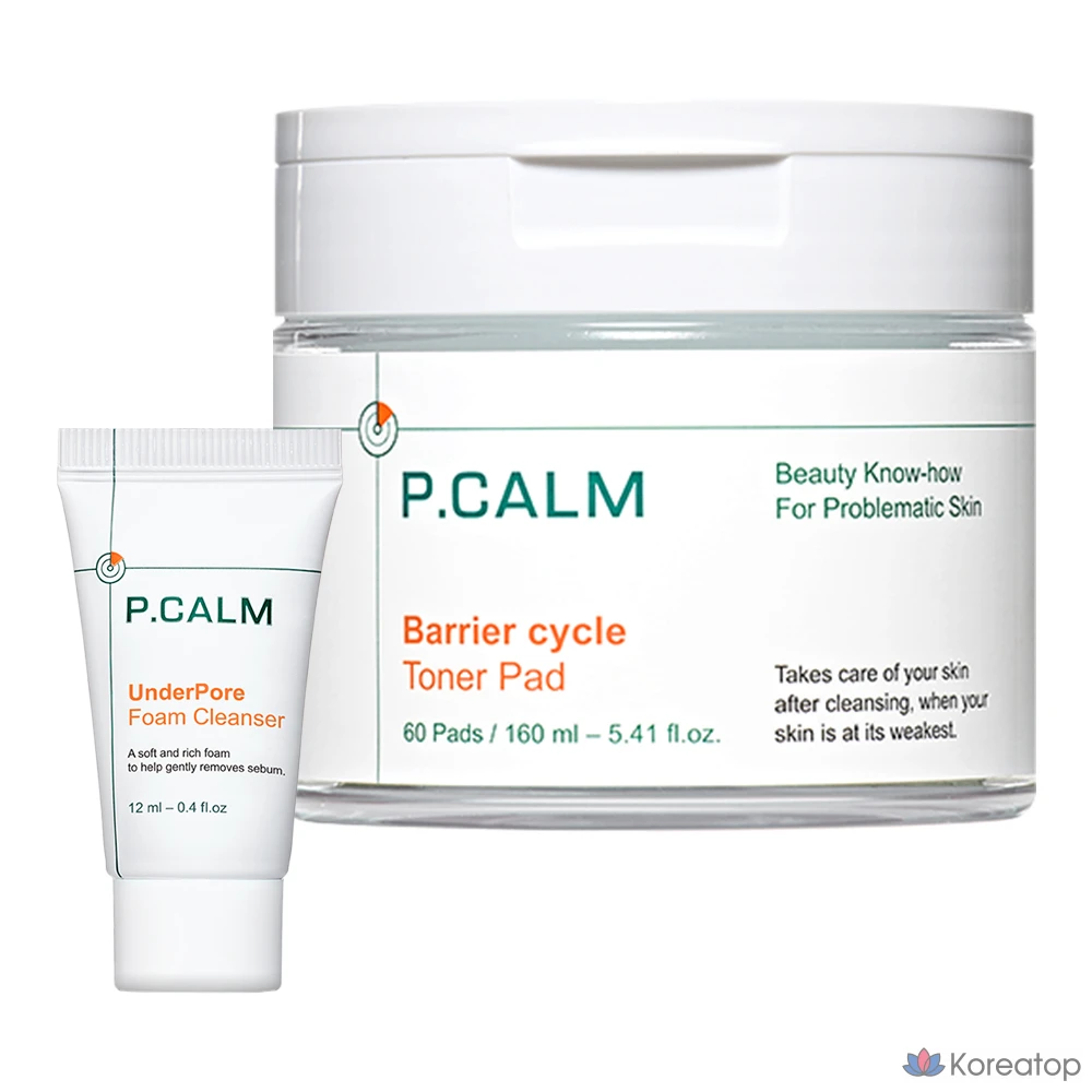 Тонизирующие подушечки для лица P.CALM Barrier Cycle 160 мл + пенка для очищения пор 12 мл, 1 шт., 60 штук