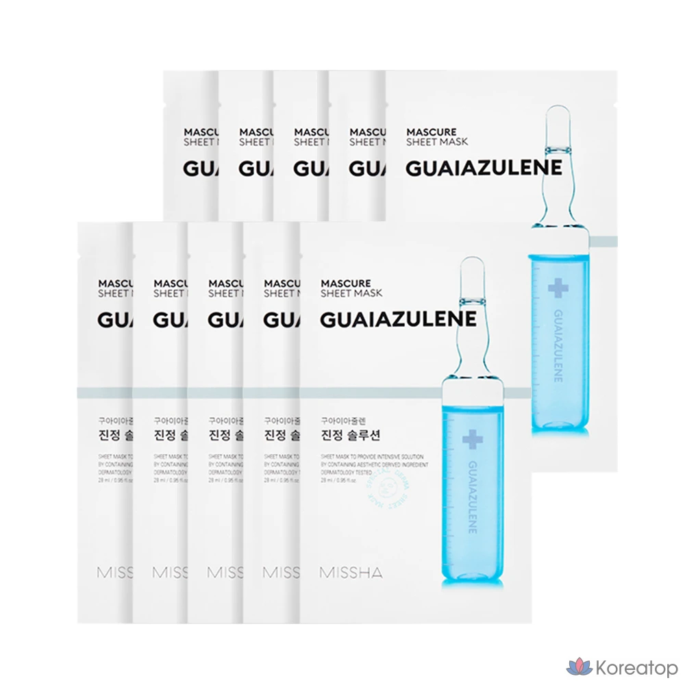 Набор из 10 тканевых масок для лица Missha 5+5 Mascure Soothing Solution с гвайазуленом.