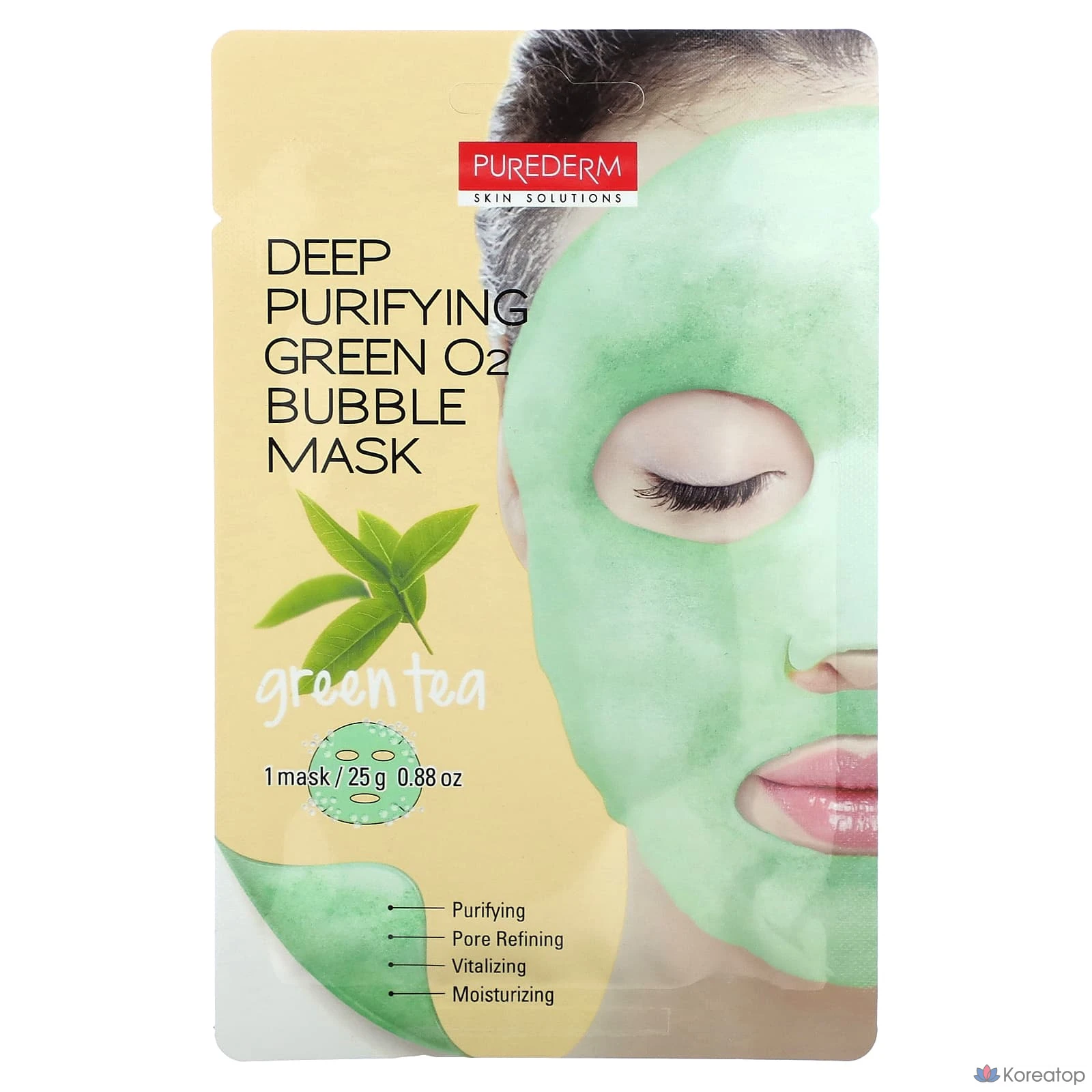 Очищающая маска для лица Purederm Deep Purifying Green O2 Bubble Beauty Mask с зеленым чаем, 1 шт. 25 г