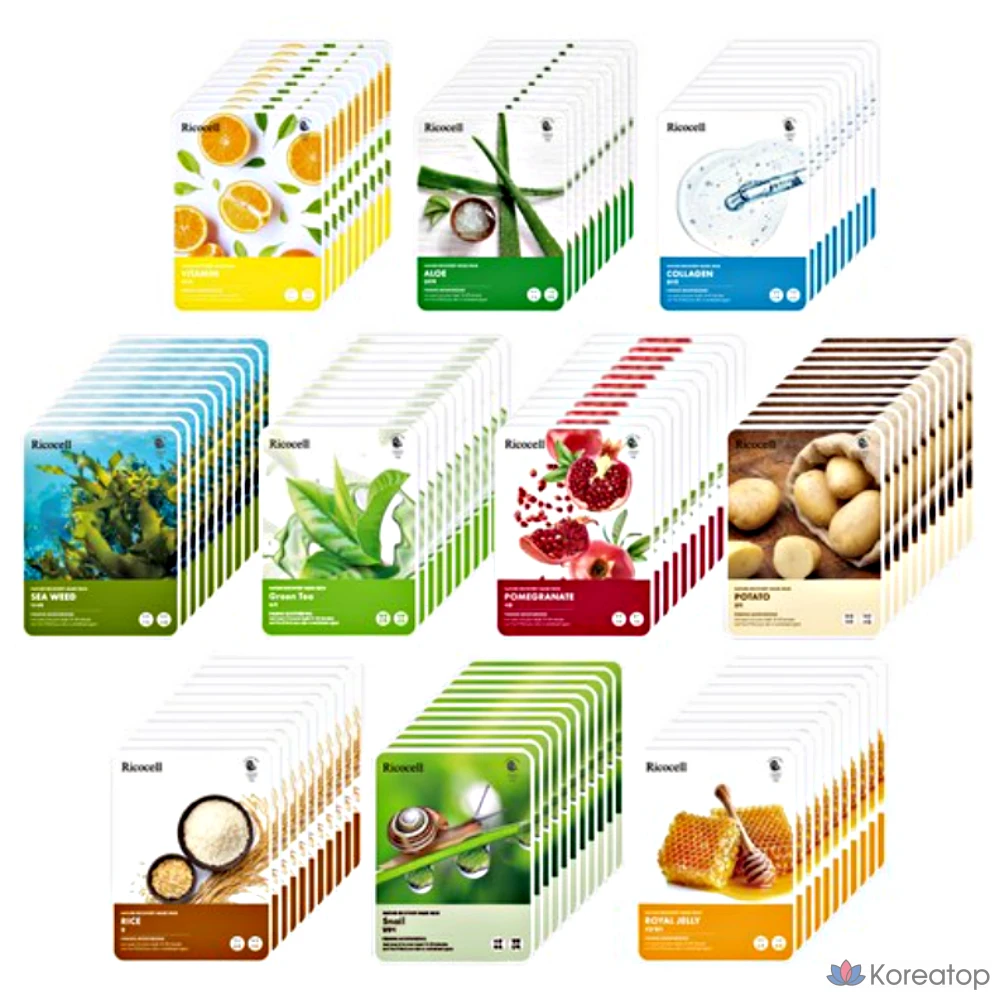 Тканевая маска для лица Ricocell Moist Mild Mask Pack 10 Types Set, 100 шт.