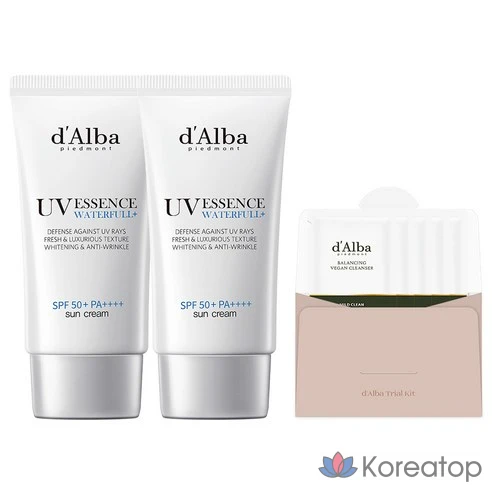 d&#039;Alba Ультралёгкий солнцезащитный крем для лица Waterfull Essence Sun Cream (SPF 50+) 50 мл x 2 упаковки + Балансирующий веганский гель для умывания, набор из 3 мл x 5 упаковок