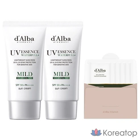 Солнцезащитный крем для чувствительной кожи d&#039;Alba SPF 50+ PA+++ + 50 мл x 2 упаковки + Балансирующий веганский гель для умывания, набор из 3 мл x 5 упаковок