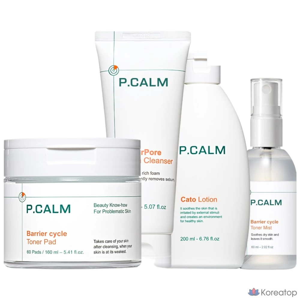 Очищающая пенка для лица P.CALM Underpore Vateca 150 мл + Тонизирующие подушечки Barrier Cycle 160 мл + Лосьон Kato 200 мл + Тонизирующий спрей Barrier Cycle 60 мл, 1 комплект