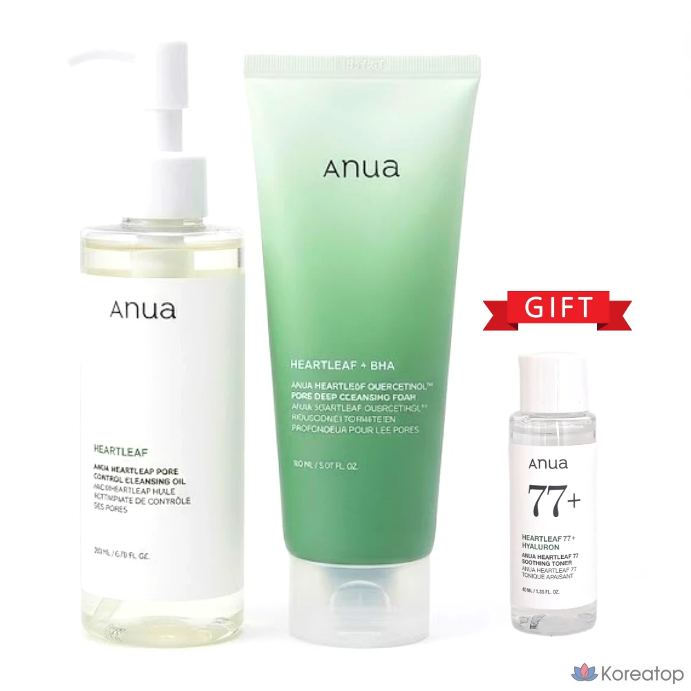 Набор для ухода Anua [Malgeummogong/Pijisunsak] Heartleaf Cleansing Duo (Oil 200ml + Foam 150ml) + Heartleaf 77 Toner 40ml, 1 шт.