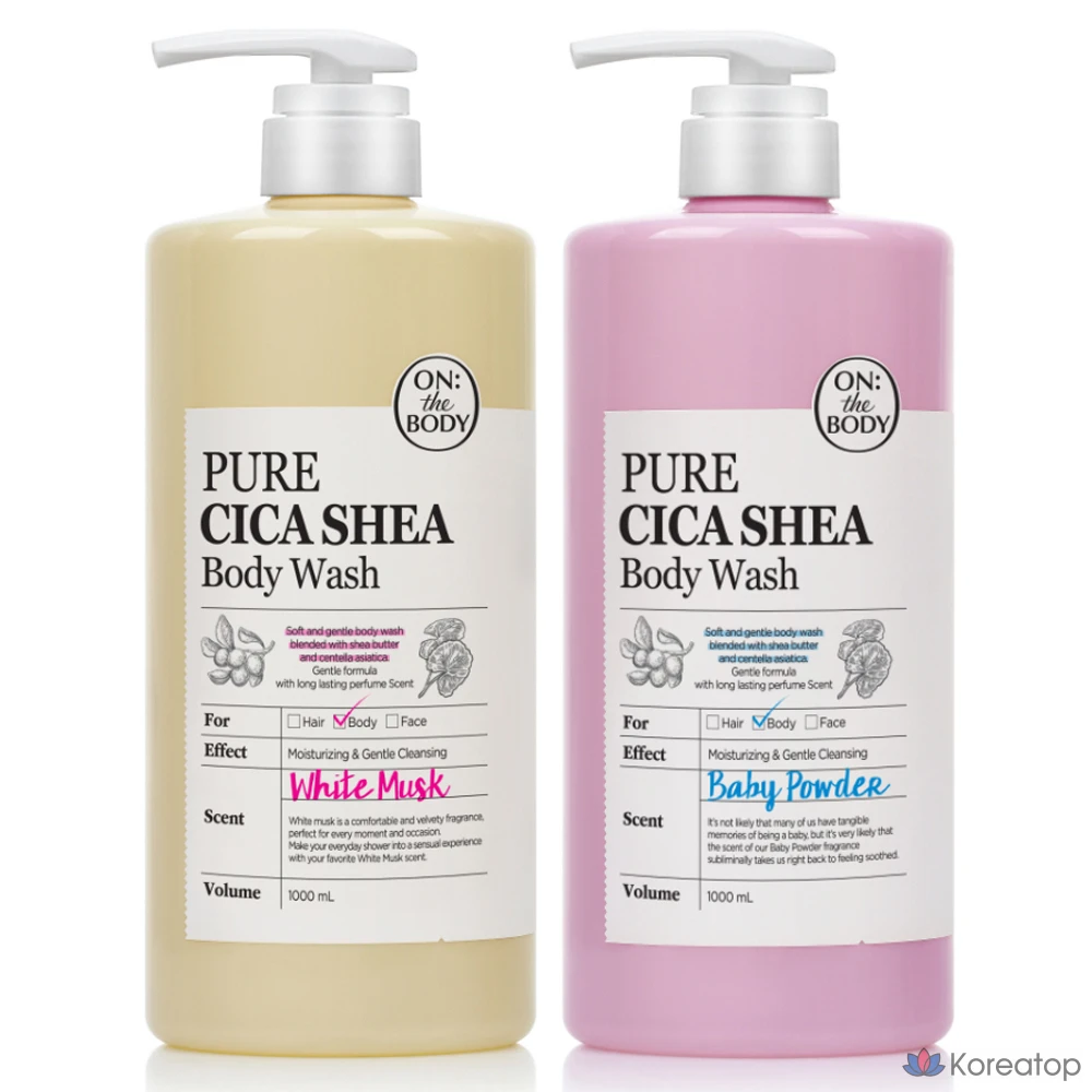 Гель для душа On the Body Pure Derma Really Gentle Body Wash для всей семьи, аромат детской присыпки 1 л, аромат белого мускуса 1 л, 1 шт.