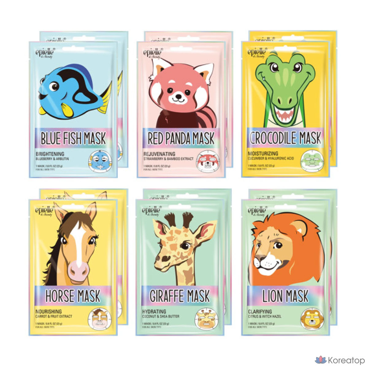 Тканевая маска для лица Epielle 2023 New Animal Character Mask Mix (Red Panda, Blue Fish, Lion, Giraffe, Horse, Crocodile), 12 шт.