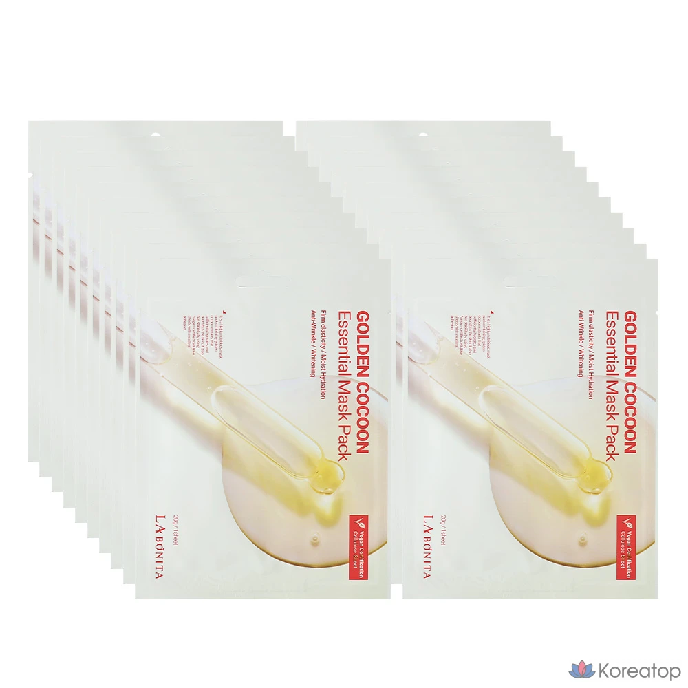 Набор из 30 масок Labonita Golden Cocoon Essential Mask Pack / Увлажнение + Питание + Протеин / Увлажняющая тканевая маска для повышения эластичности / Веганская тканевая маска / Высокоадгезивная тканевая маска, 1 шт., 30 листов