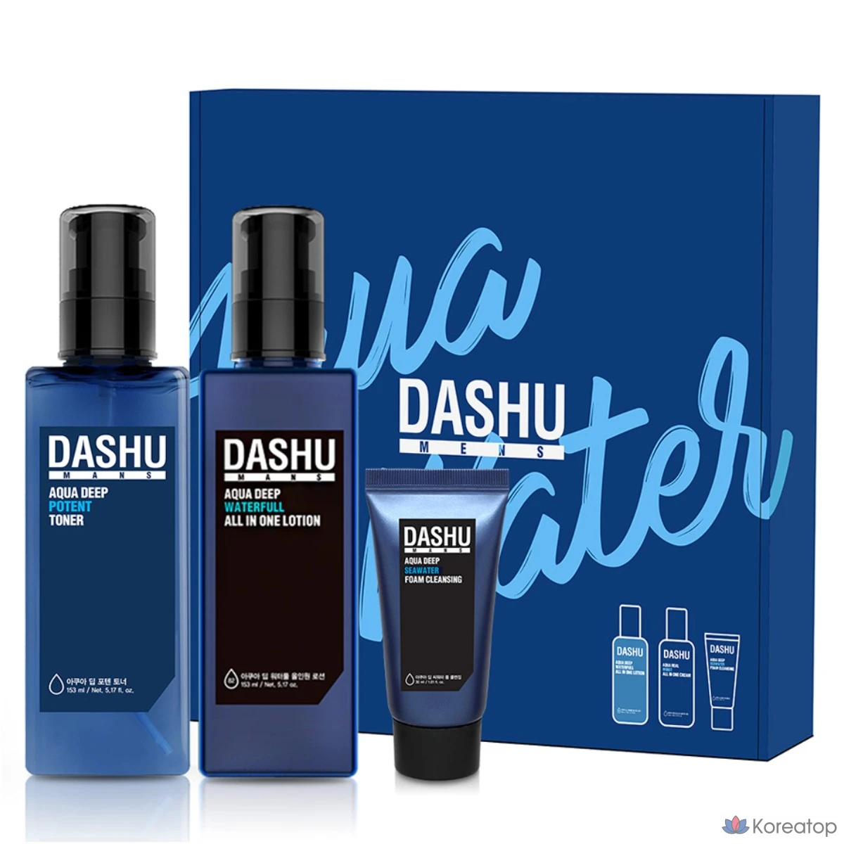 Набор DASHU Men's Aqua Skincare Basic Potent Toner 153 мл + универсальный лосьон 153 мл + пенка для умывания 30 мл, 1 комплект.
