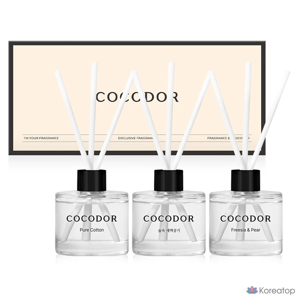 Диффузор для автомобиля Cocodor Signature, набор 3-piece Set (Freesia & Pear, Forest Morning Air, Pure Cotton), 50 мл x 3 шт., 1 шт.