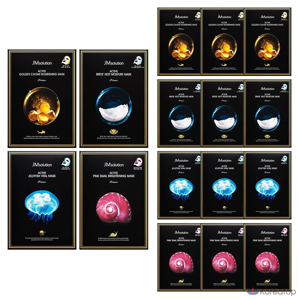 Набор масок JM Solution Active Solution: Золотая икра 10 шт. + Птичье гнездо 10 шт. + Розовая улитка 10 шт. + Медуза 10 шт., 40 штук, 4 упаковки.