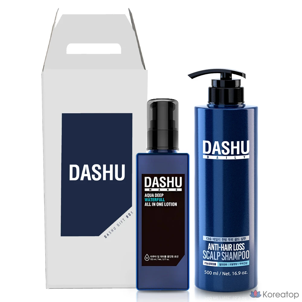 Набор DASHU Men's Aqua Deep Waterful All-in-One Lotion 153 мл + Daily Oriental Scalp Care Gold Shampoo Citrus Scent 500 мл, 1 комплект