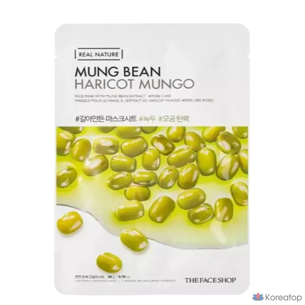 Маска для лица The Face Shop из молотых бобов мунг для сужения пор и повышения эластичности кожи, 20 листов, упаковка из 20 штук.
