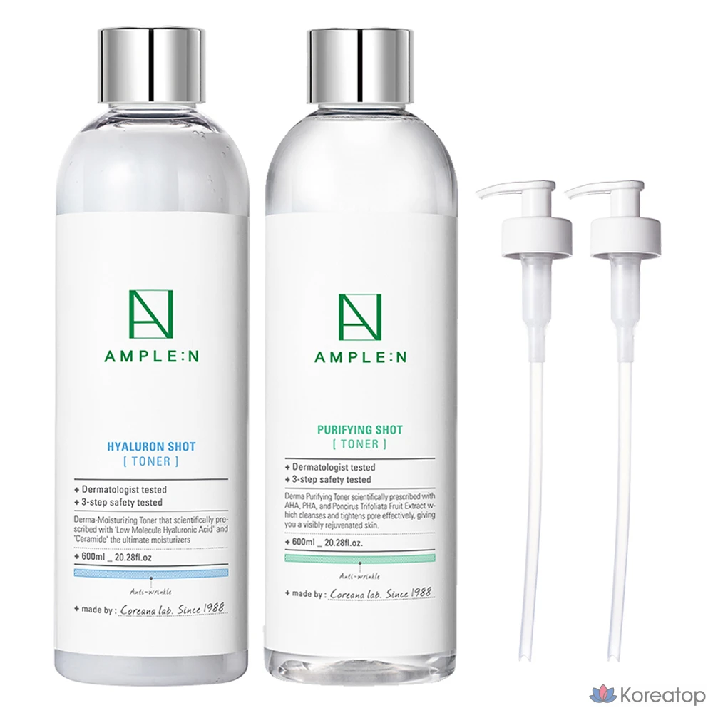 Набор Koreana: AMPLE:N ампула-тоник с гиалуроновой кислотой, 600 мл + очищающий тоник-шот, 600 мл + дозатор для тоника, 1 комплект.