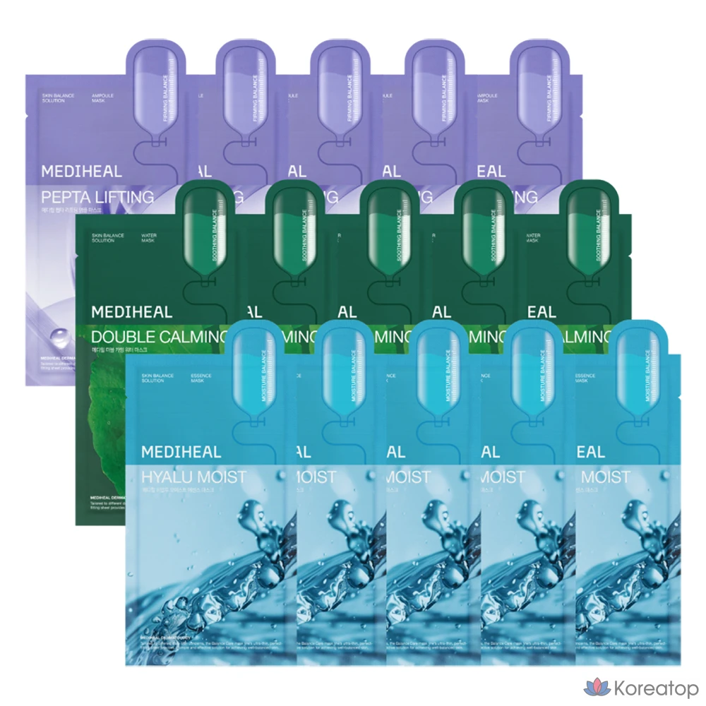 Набор тканевых масок MEDIHEAL Double Calming Water 5p + Hyalu Moist Essence 5p + Pepta Lifting Ampoule 5p, 15 шт.