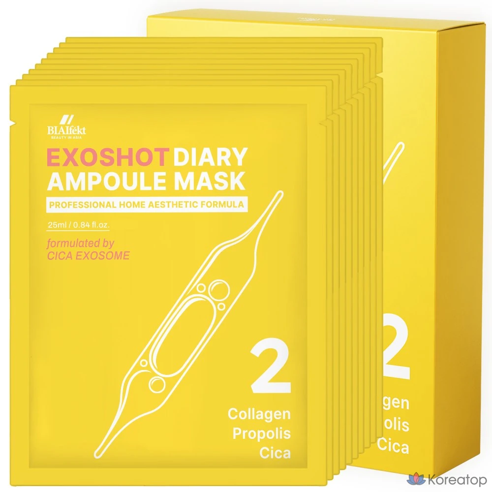 Тканевая маска для лица BIA EFFECT Exo Shot Diary Ampoule Mask, оттенок 2 Collagen Propolis Cica, 25 мл, 10 шт.
