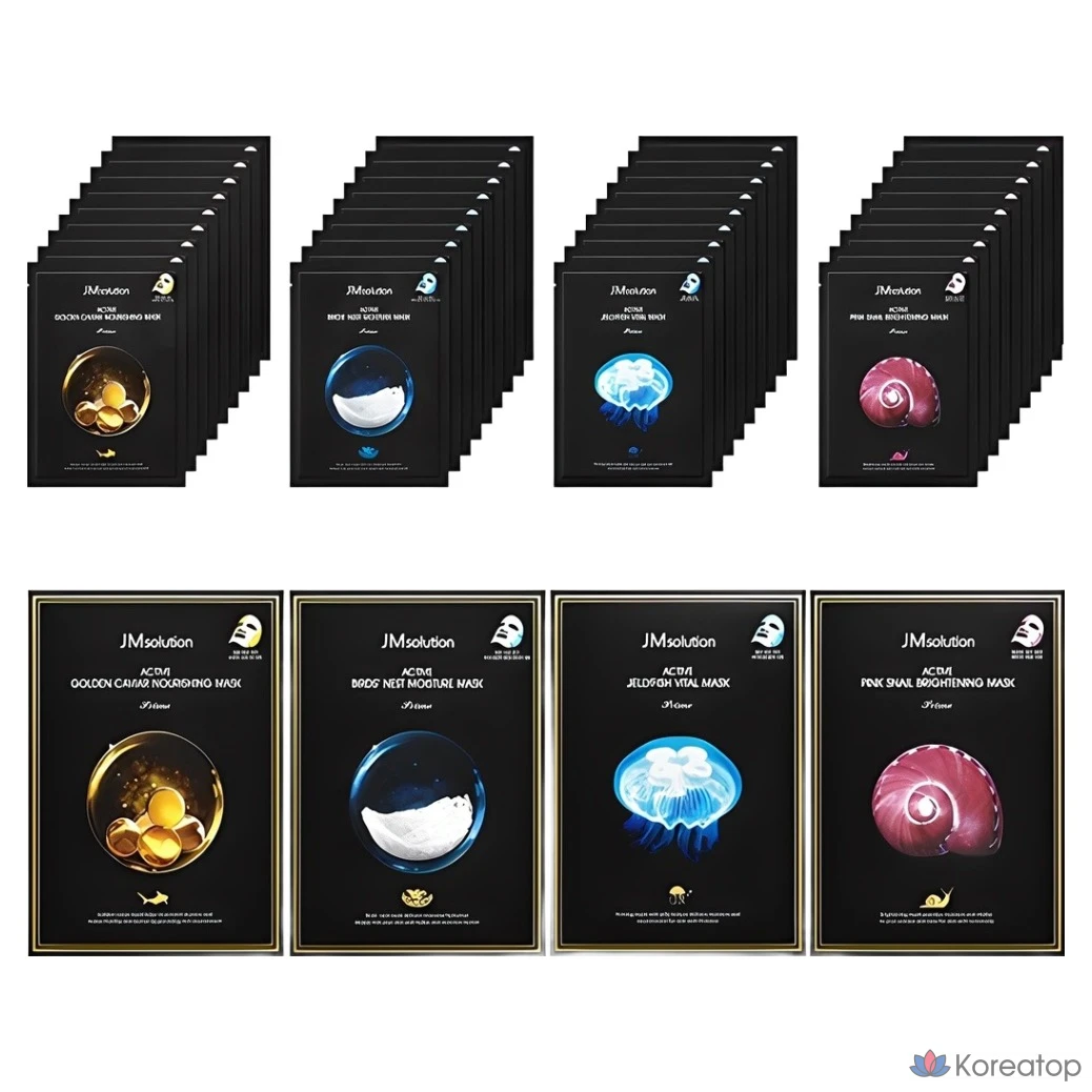 Набор масок JM Solution Active Solution: Золотая икра 10 шт. + Птичье гнездо 10 шт. + Розовая улитка 10 шт. + Медуза 10 шт., 4 упаковки.