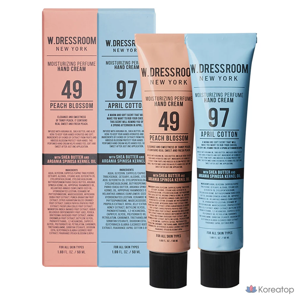 Набор из 49 флаконов парфюмерного крема для рук W.Dressroom, 50 мл, ароматы: «Персиковый цветок» и «Апрельский хлопок», 1 комплект.