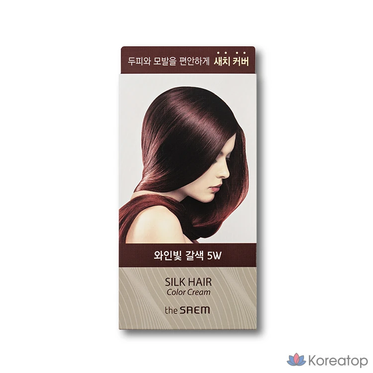 Крем-краска для волос The Saem Silk Hair Color Cream для закрашивания седины, винно-коричневый цвет, 1-й этап: 60 г, 2-й этап: 60 г, для ухода: 8 мл, 5W, винно-коричневый, 1 шт.