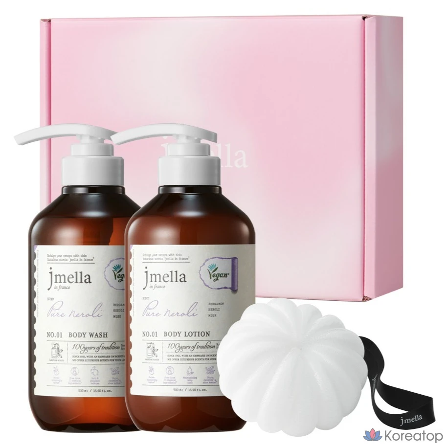 Набор Jmella гель для душа Pure Neroli Vegan 500 мл + лосьон для тела 500 мл + шарики для душа, 1 комплект.
