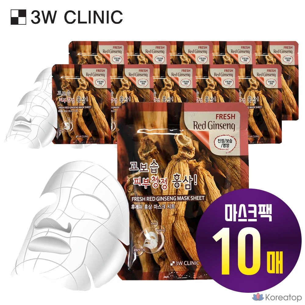Тканевая маска для лица 3W Clinic Fresh с красным женьшенем, 1 упаковка, 10 листов.