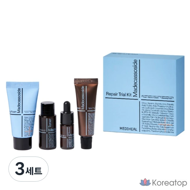 Набор Mediheal Madecassoside Repair Trial Kit, включающий очищающую пенку 30 мл, тоник 30 мл, сыворотку 10 мл, крем 20 мл (3 набора).
