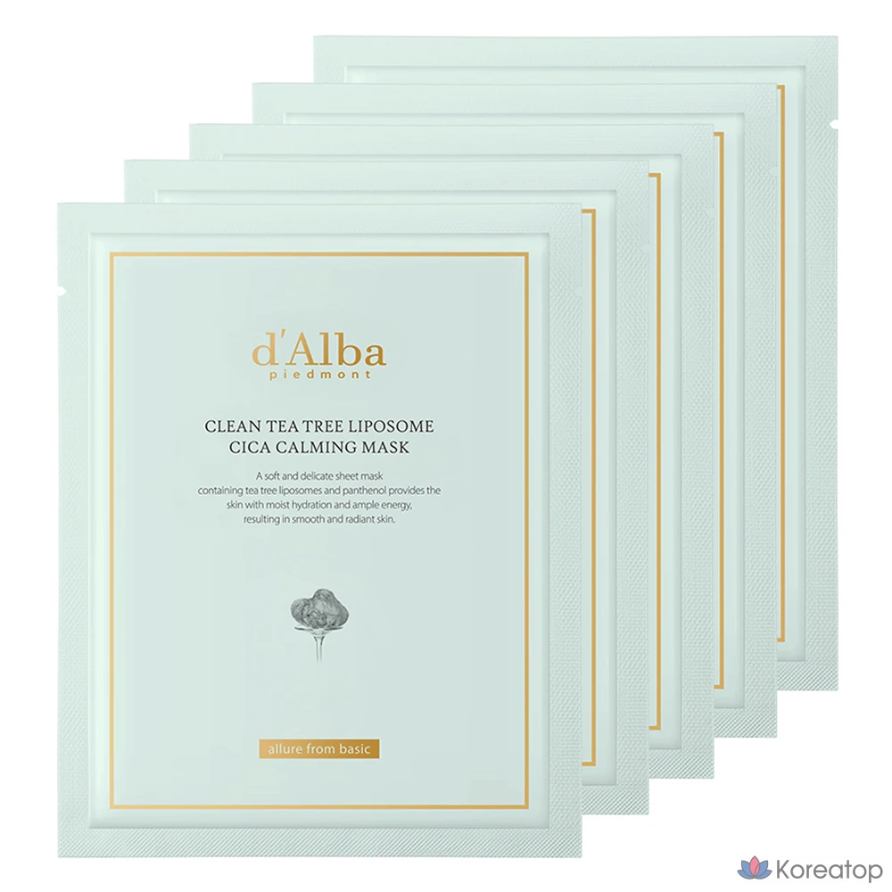 Набор успокаивающих масок D'alba Clean Tea Tree Liposome Cica, 1 упаковка, 5 штук.