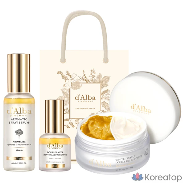 Базовый набор D'alba White Truffle: первый ароматический спрей-сыворотка 60 мл + двухслойная восстанавливающая сыворотка 30 мл + двухслойная сыворотка и крем 70 г, 1 комплект.