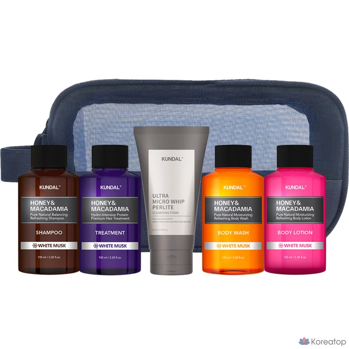 Дорожный набор Kundal из 5 предметов, включающий очищающую пенку типа B с ароматом белого мускуса, 1 комплект.