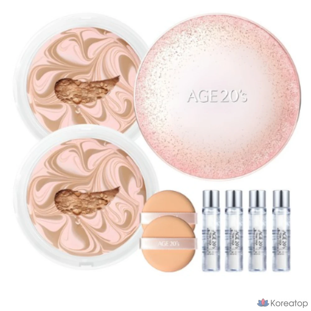 Набор для макияжа Age 20's Essence Cover Pact Sparkle Case + сменный блок 12,5 г x 2 шт. + ампула 10 мл x 4 шт., № 23, розово-бежевый, 1 шт.