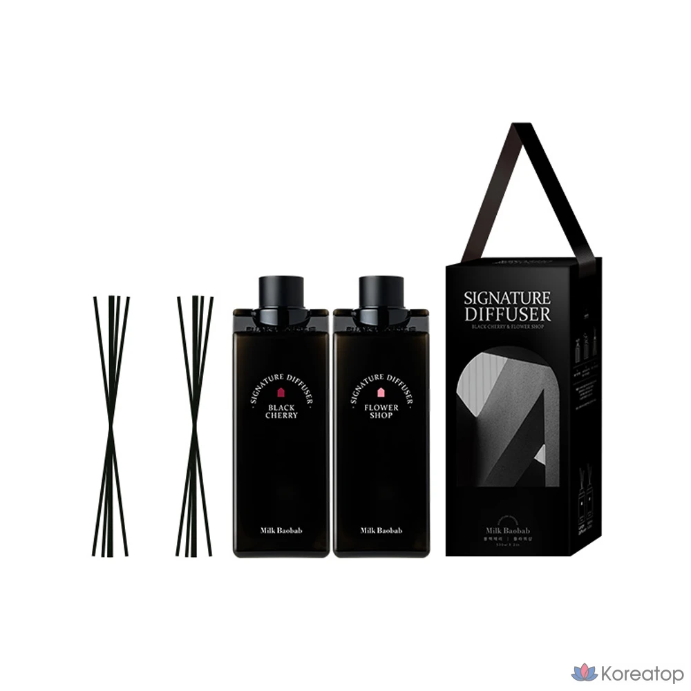 Набор Milk Baobab Signature: диффузор, 2 флакона по 500 мл, аромат «Черная вишня», «Цветочный магазин», 1 шт.