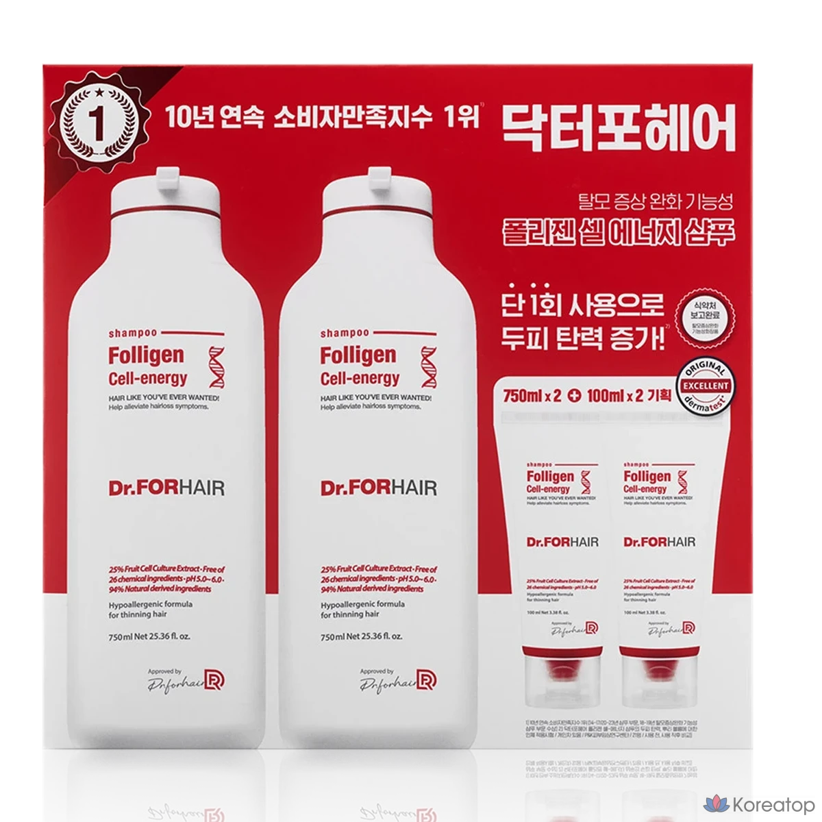 Dr. For Hair Foligen Cell Energy Shampoo, 2 флакона по 750 мл, 2 флакона по 100 мл, 1 набор