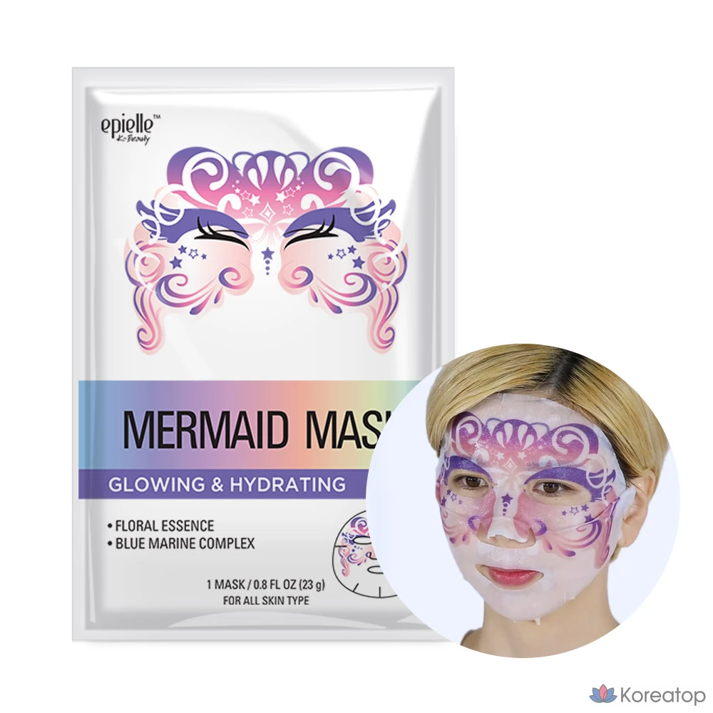 Набор из 6 тканевых масок Epielle Radiance &amp; Moisture с изображением русалки и других животных.