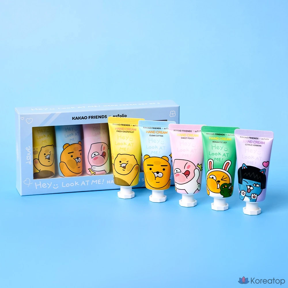 Набор из 5 кремов для рук Kakao Friends X Esfolio Look at Me (грейпфрут/чистый хлопок/сладкий персик/романтическая лилия/цитрусовая вербена), 1 набор