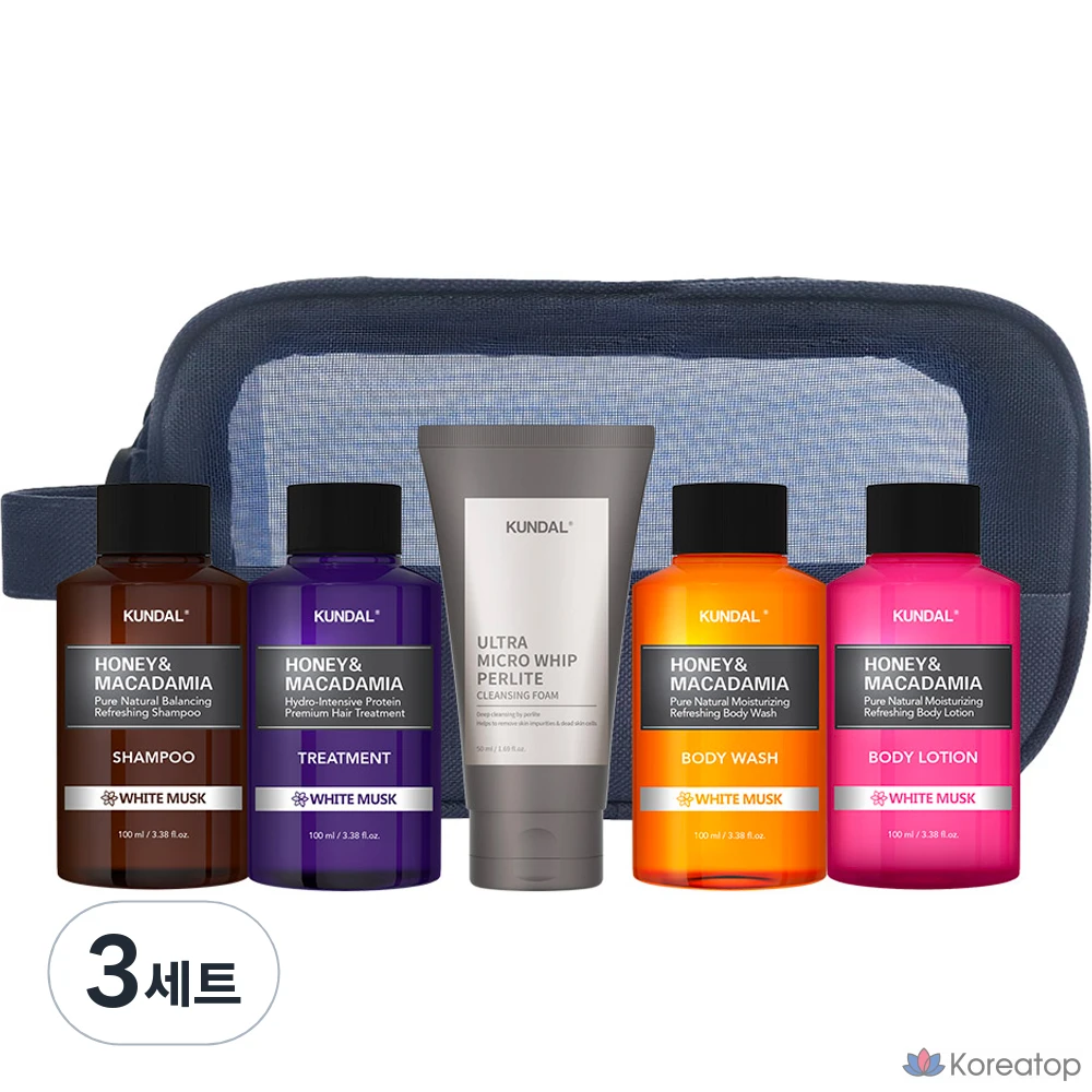 Дорожный набор Kundal из 5 предметов, включающий очищающую пенку типа B и аромат белого мускуса, 3 комплекта.