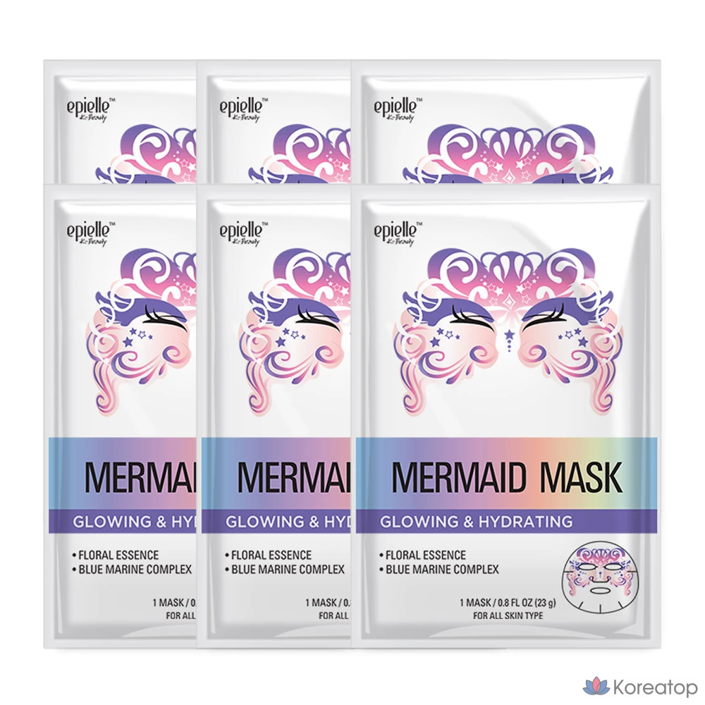 Набор из 6 тканевых масок Epielle Radiance &amp; Moisture с изображением русалки и других животных.