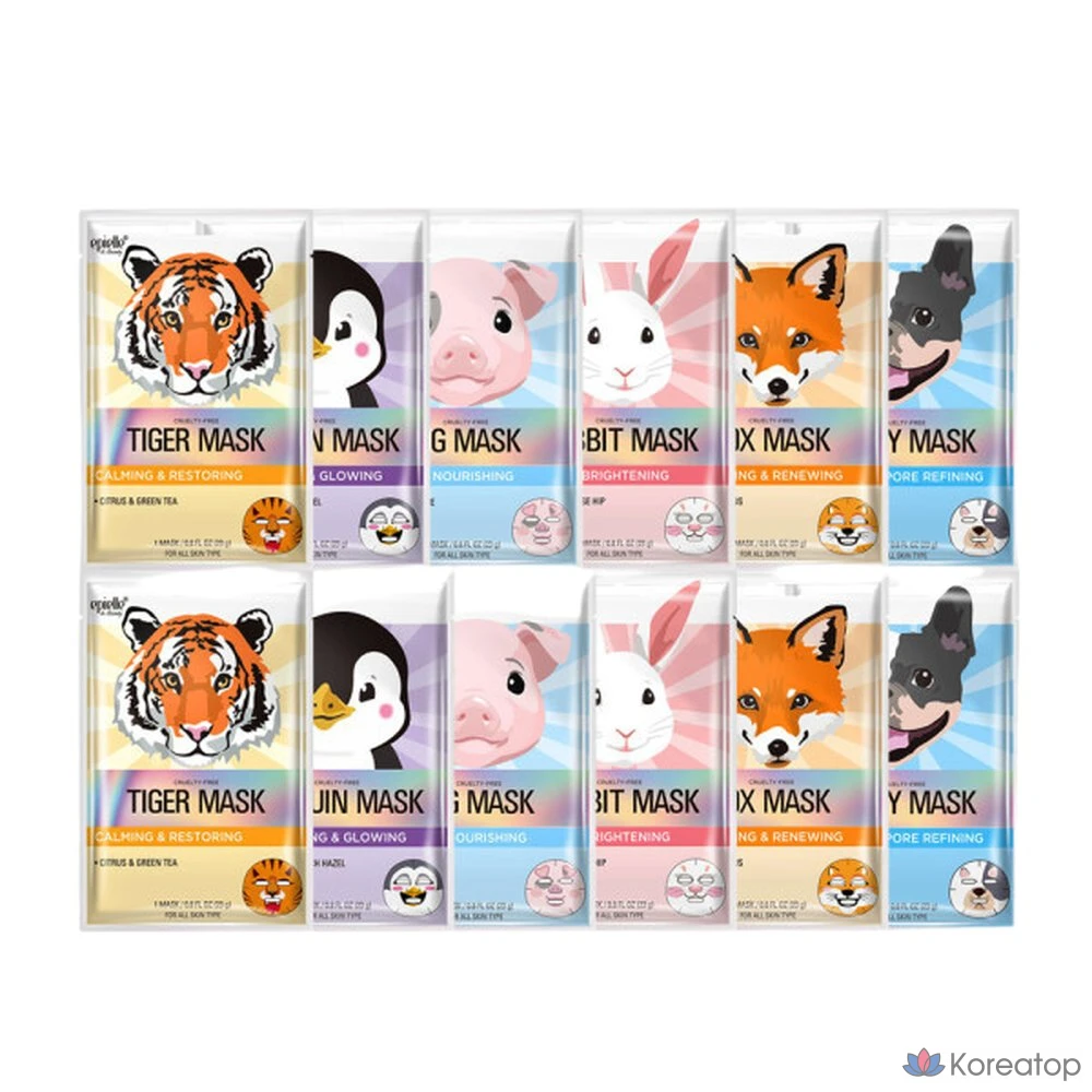 Набор масок Epielle с изображениями животных: щенок, лиса, тигр, кролик, пингвин, свинья, 1 шт., 12 штук.