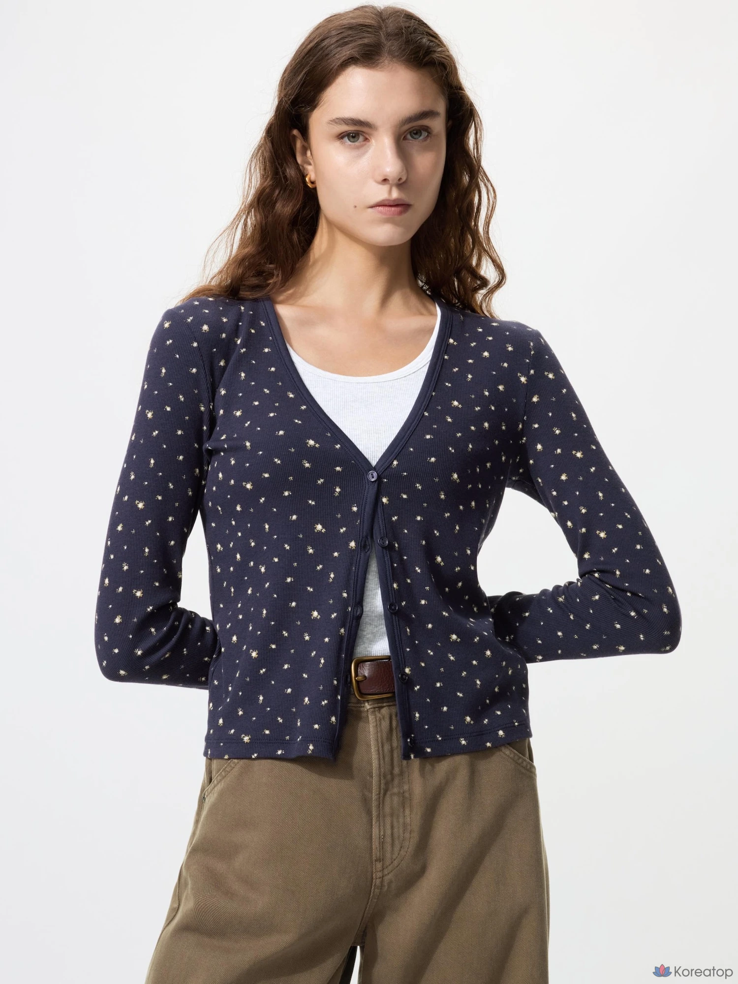 Кардиган Uniqlo Rib V-Neck Cardigan, цветочный принт