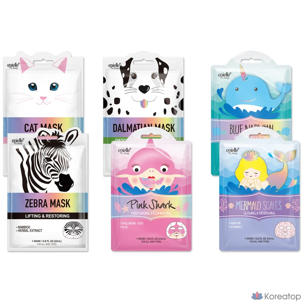 Набор из 6 масок Epielle с изображениями животных и морских обитателей, 1 упаковка, 6 штук.